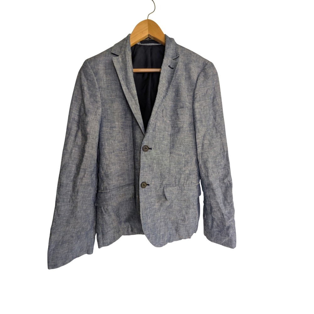 H&M Slim Fit Blazer Mens 34R‎ Blue Chambray Linen Blend Elbow Patches Coastal